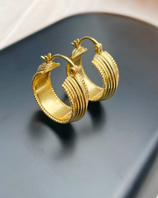 Gold hoop earrings with ridged texture and beaded edge – Temple Ridge Hoops by Refla