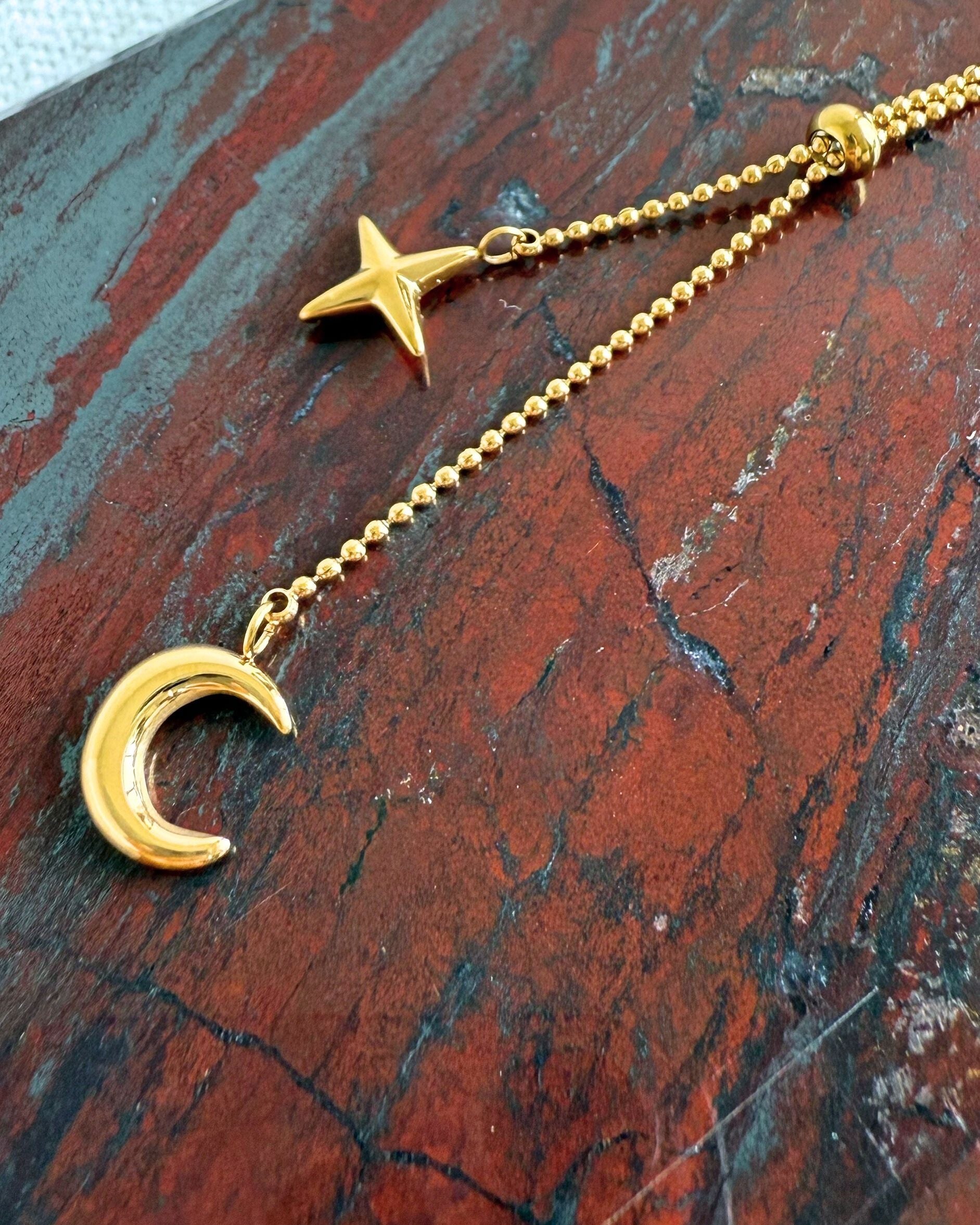 Starry Night Necklace – Gold Star Moon Lariat Necklace | ReflA