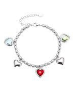 ReflA silver beaded bracelet with heart charms: red, blue, green stones and polished silver hearts. Lobster clasp.