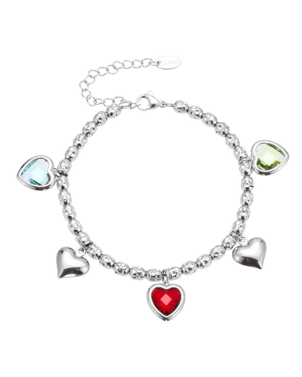 ReflA silver beaded bracelet with heart charms: red, blue, green stones and polished silver hearts. Lobster clasp.