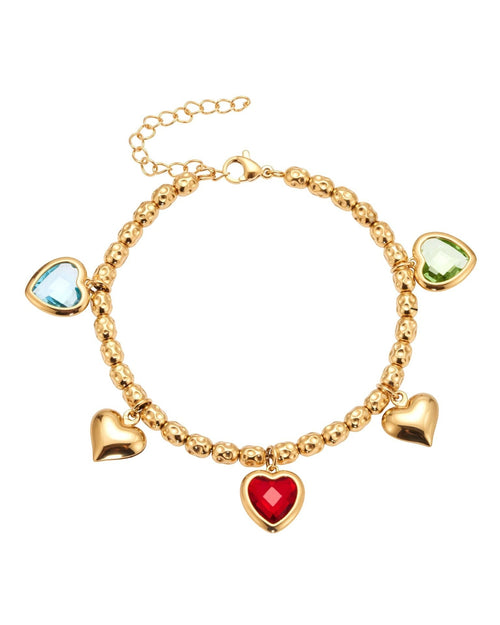ReflA gold plated beaded bracelet with heart charms and blue, green, and red zircon stones.